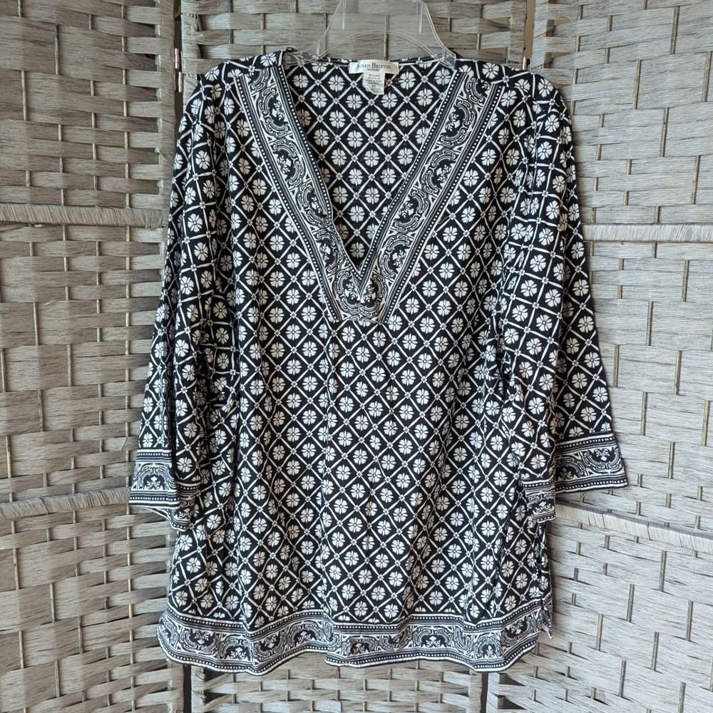 Black & White Floral Geometric Tunic Top‎ Linen Blend Women 3X Casual Resortwear